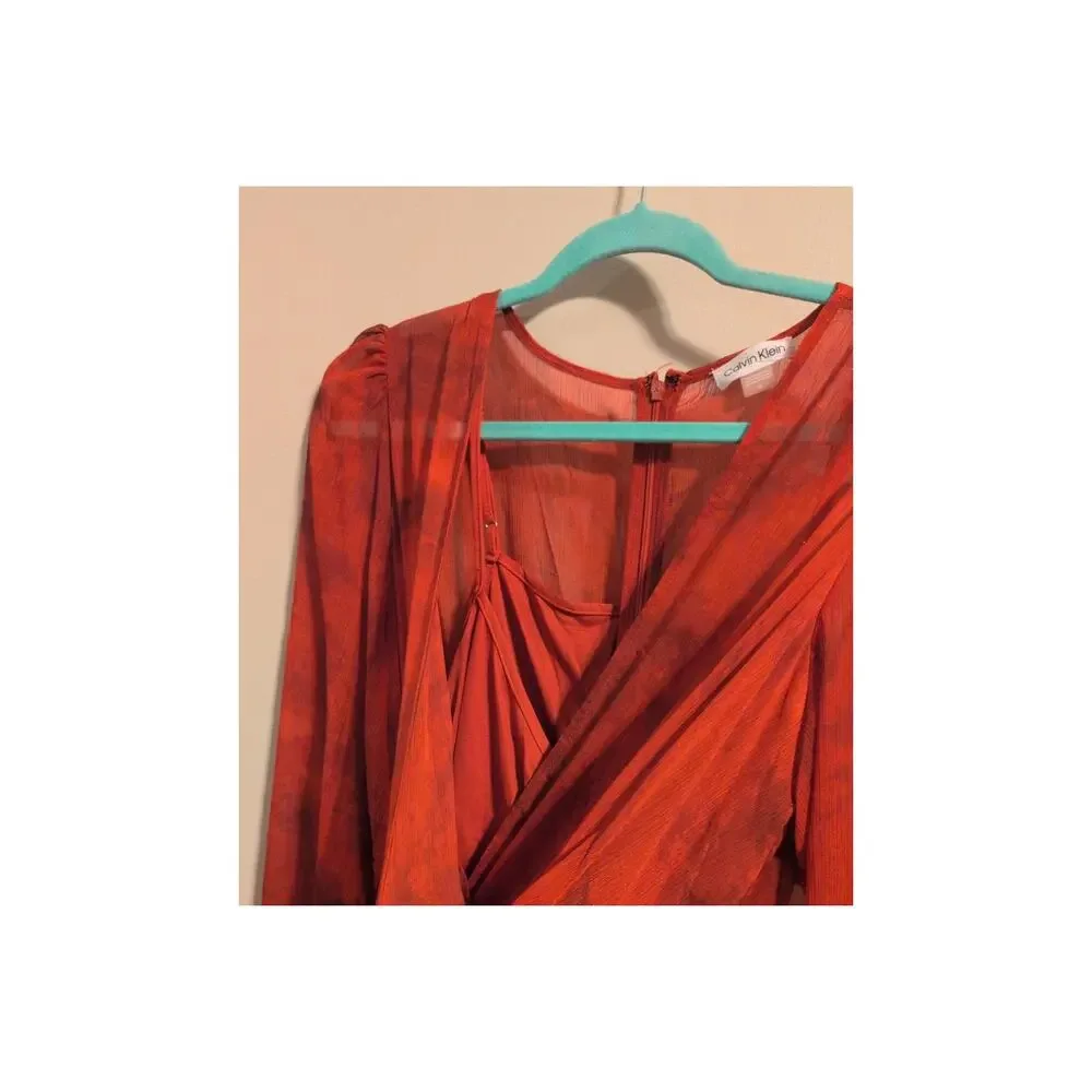 Calvin Klein Red Wrap Dress Size 14 NWT Long Sleeve V-Neck Belted Gown - Picture 5 of 6